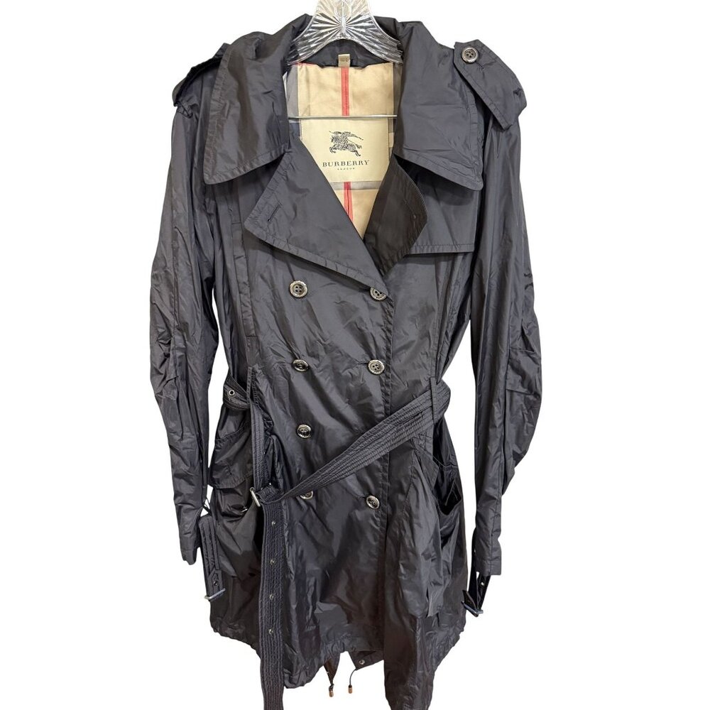 Burberry London Womens Black Double-Breasted Trench Coat Belted Waist Lightweigh